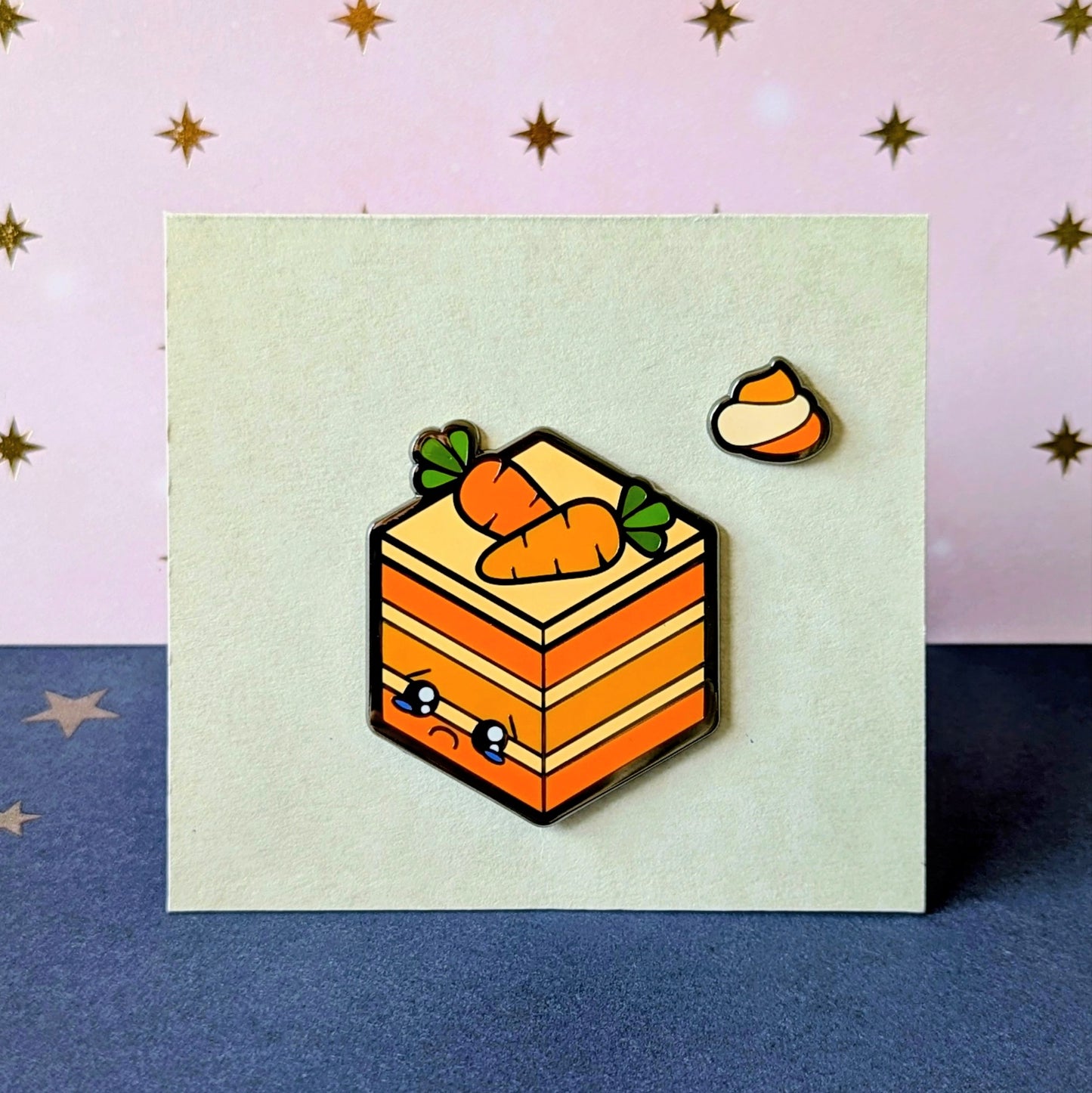 carrot cake and dollop enamel pins from cute cake club by carly k of mythic mgmt