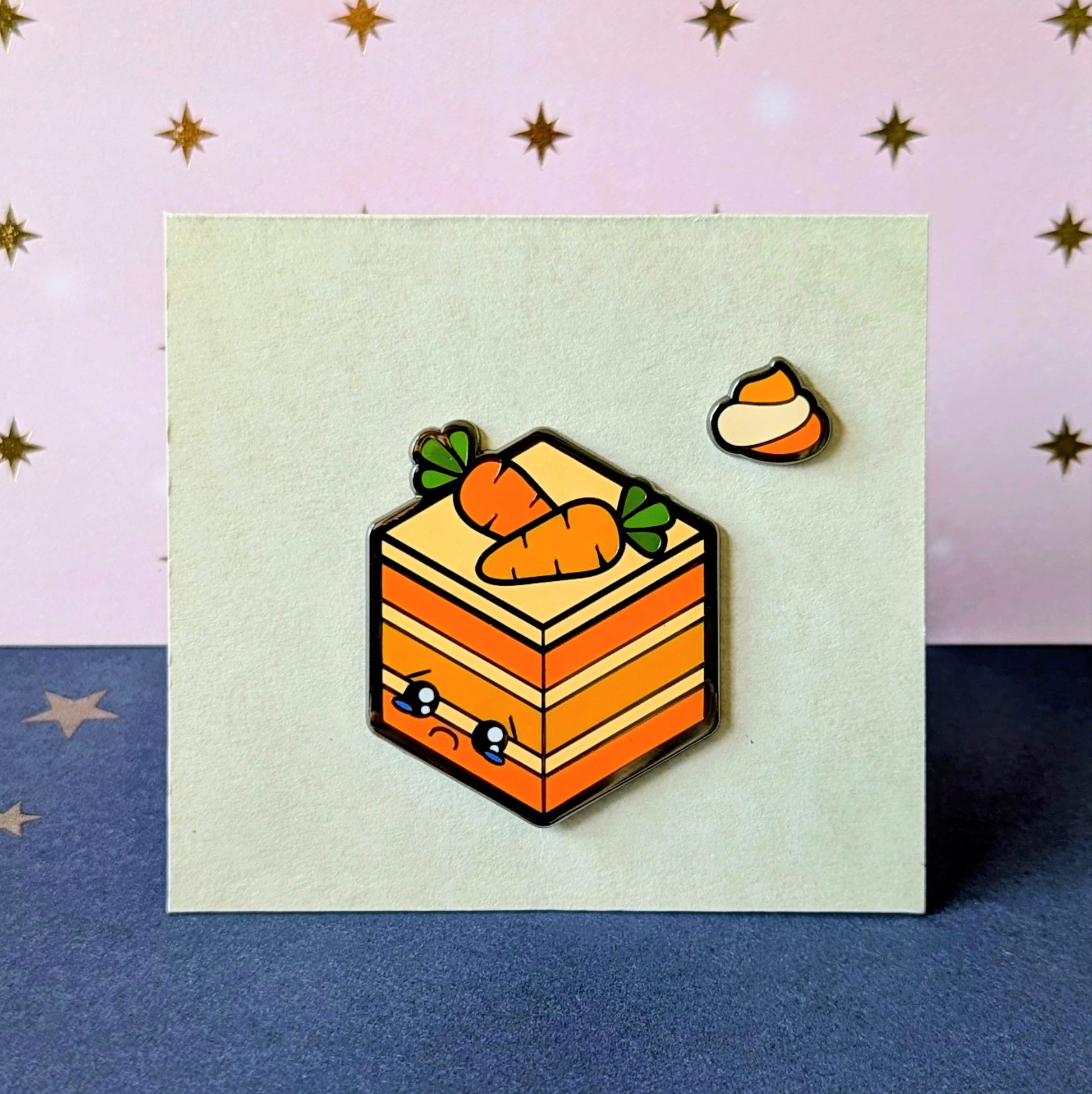 carrot cake and dollop enamel pins from cute cake club by carly k of mythic mgmt