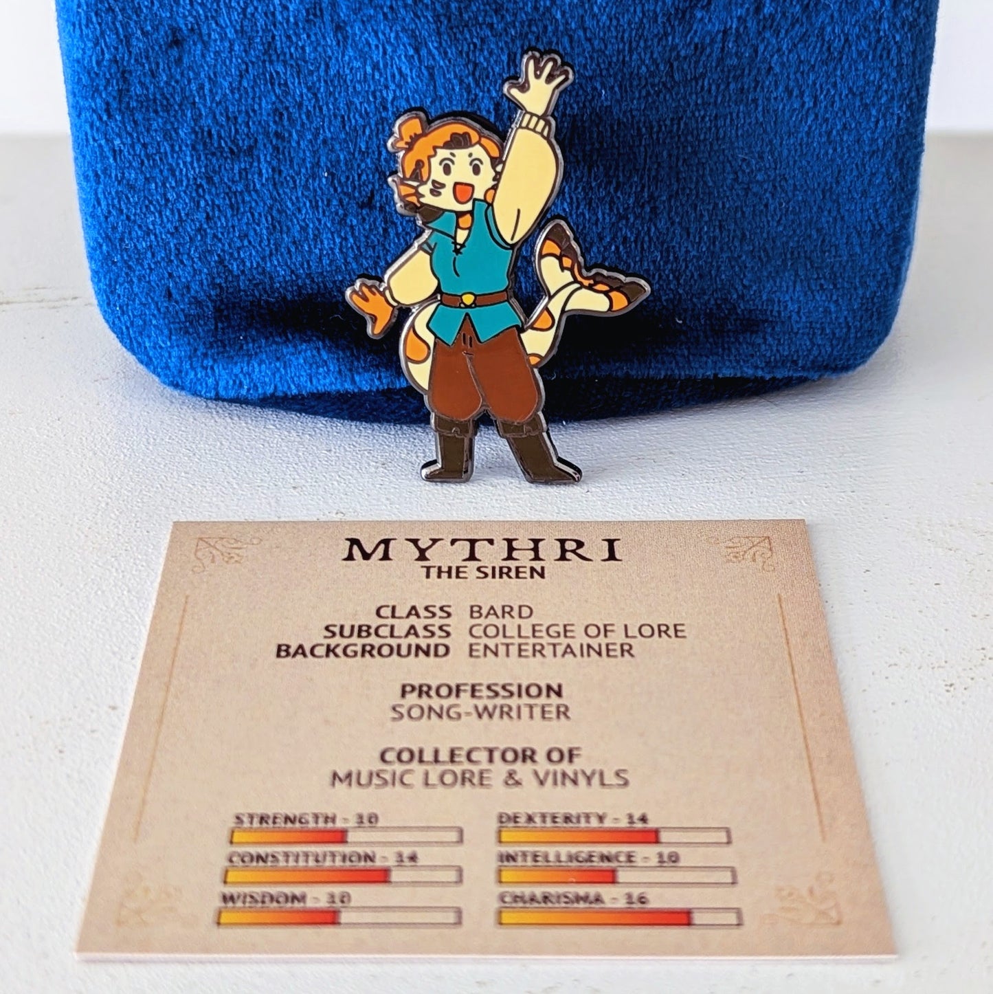 collectors guild cafe character pin with ttrpg stats card mythri the siren bard