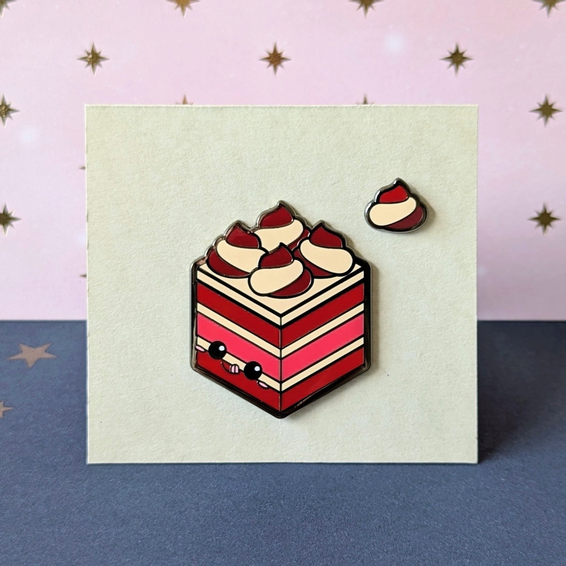 red velvet cake and dollop enamel pins from cute cake club by carly k of mythic mgmt