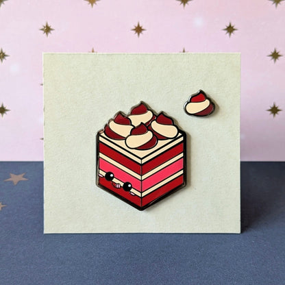 red velvet cake and dollop enamel pins from cute cake club by carly k of mythic mgmt